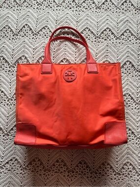 Tory Burch Ella Nylon Tote Bag Vibrant Orange with Leather Trim Everyday Bag